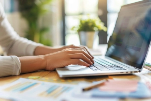 A woman is working on her laptop placed on a table while learning how to use ChatGPT Ads
